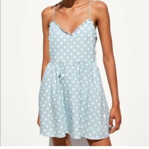 ZARA LINEN BLEND BLUE AND WHITE POLKA DOT DRESS